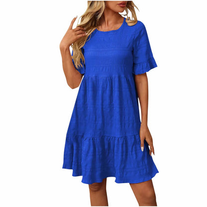 Summer Dresses for Women Clearance under $10 Ruffle Short Sleeve Flowy Swing Pleated Midi Dress Crew Neck Solid Color Casual Dresses Blue