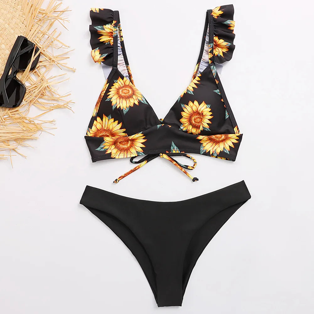 Sunflower Printed Bikini Set Sexy Swimwear Women 2021 Mujer Push up Padded Biquini Bathers Bandage Bathing Suit Swimsuit Bikini