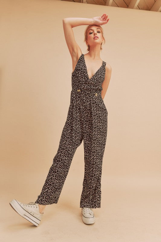 Aemi + Co Ditsy Floral Surplice Sleeveless Wide Leg Jumpsuit