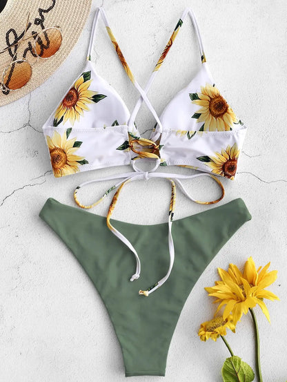 Sunflower Printed Bikini Set Sexy Swimwear Women 2021 Mujer Push up Padded Biquini Bathers Bandage Bathing Suit Swimsuit Bikini