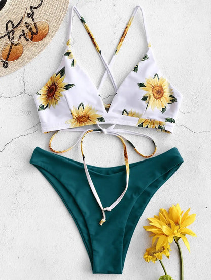 Sunflower Printed Bikini Set Sexy Swimwear Women 2021 Mujer Push up Padded Biquini Bathers Bandage Bathing Suit Swimsuit Bikini