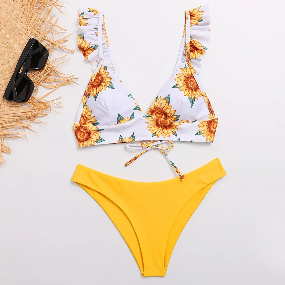 Sunflower Printed Bikini Set Sexy Swimwear Women 2021 Mujer Push up Padded Biquini Bathers Bandage Bathing Suit Swimsuit Bikini