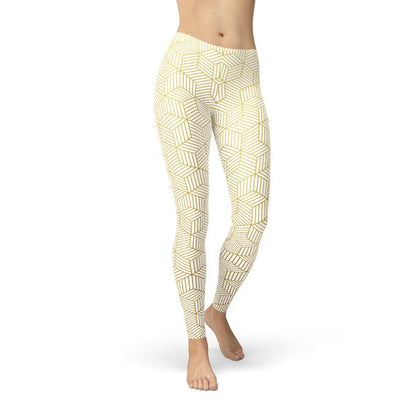 Womens White Leggings w/ Geometric Cubes